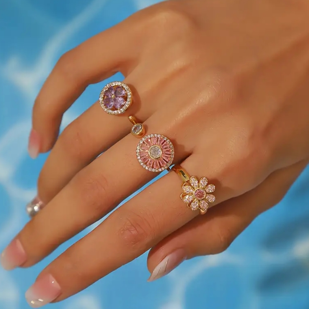Elegant Pink and Gold Floral Spinner Ring Set, open size